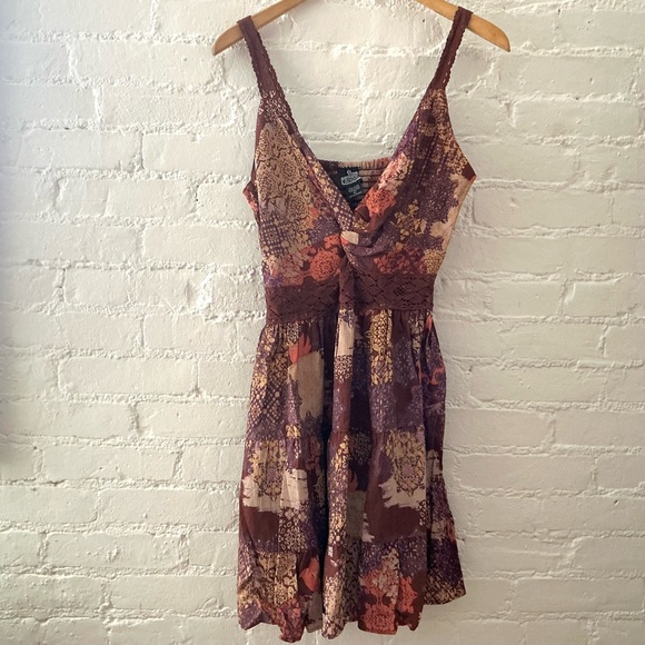 Angie Twist Front Patchwork Print Flowy Mini Dress Size L Boho Festival Hippie - Picture 4 of 12